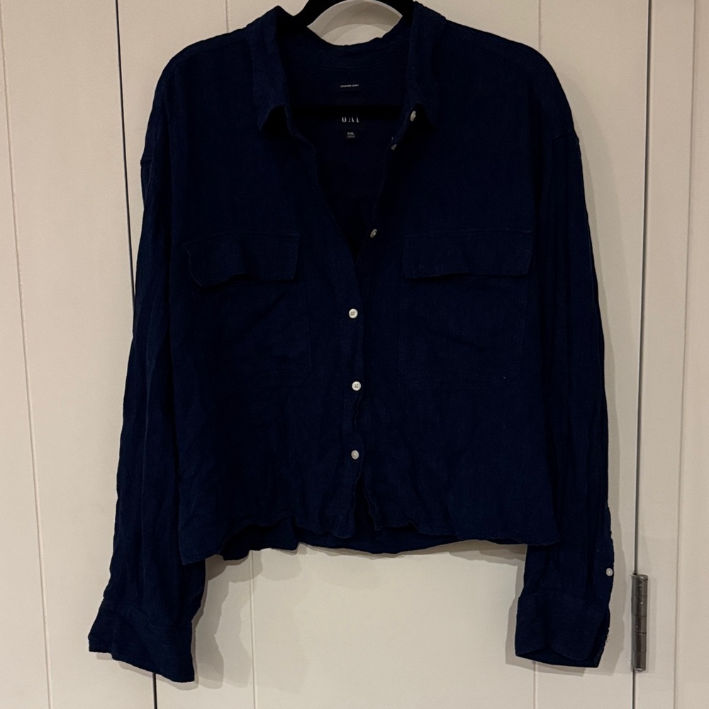 GAP Navy 100% Linen Cropped Shirt